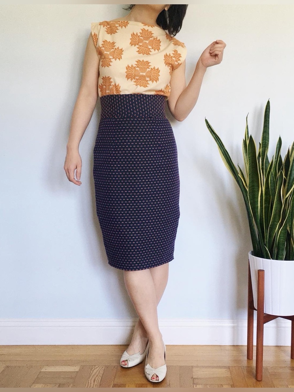 One of a Kind High Waisted Blue Pencil Skirt with Bow